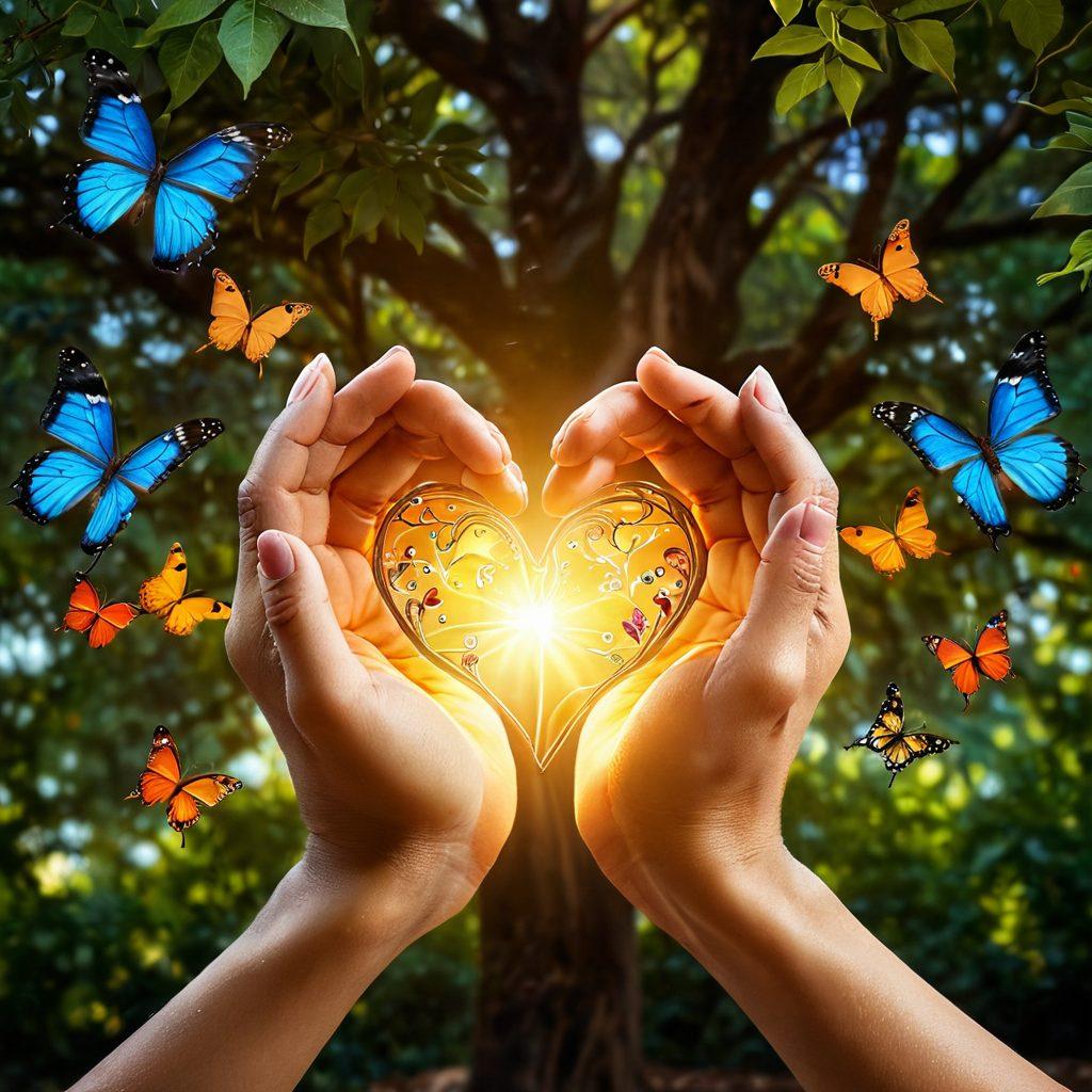 A warm, intimate scene of two diverse hands intertwined, surrounded by soft glowing light that symbolizes love and devotion. In the background, a heart-shaped tree with vibrant leaves illustrates growth and connection, and delicate butterflies flutter around, representing transformation. The colors are rich and inviting, creating an atmosphere of peace and joy. super-realistic. vibrant colors. soft focus.