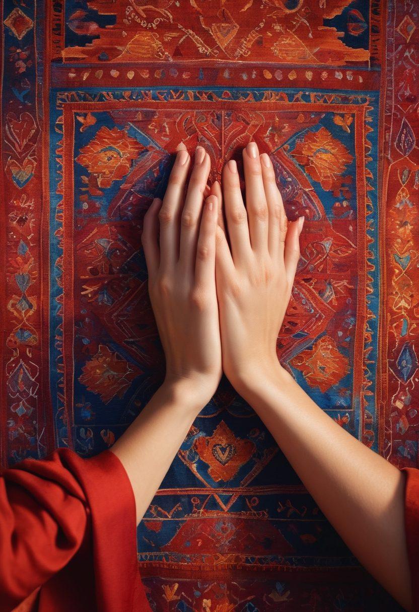 A warm, inviting scene depicting two hands gently weaving a colorful tapestry, symbolizing connections and relationships. In the background, hints of diverse cultural symbols and hearts float, representing love and dedication. Soft lighting enhances the heartfelt atmosphere, making the tapestry glow with vibrancy. The color palette includes rich reds, golds, and deep blues to evoke passion and devotion. watercolor style. vibrant colors.