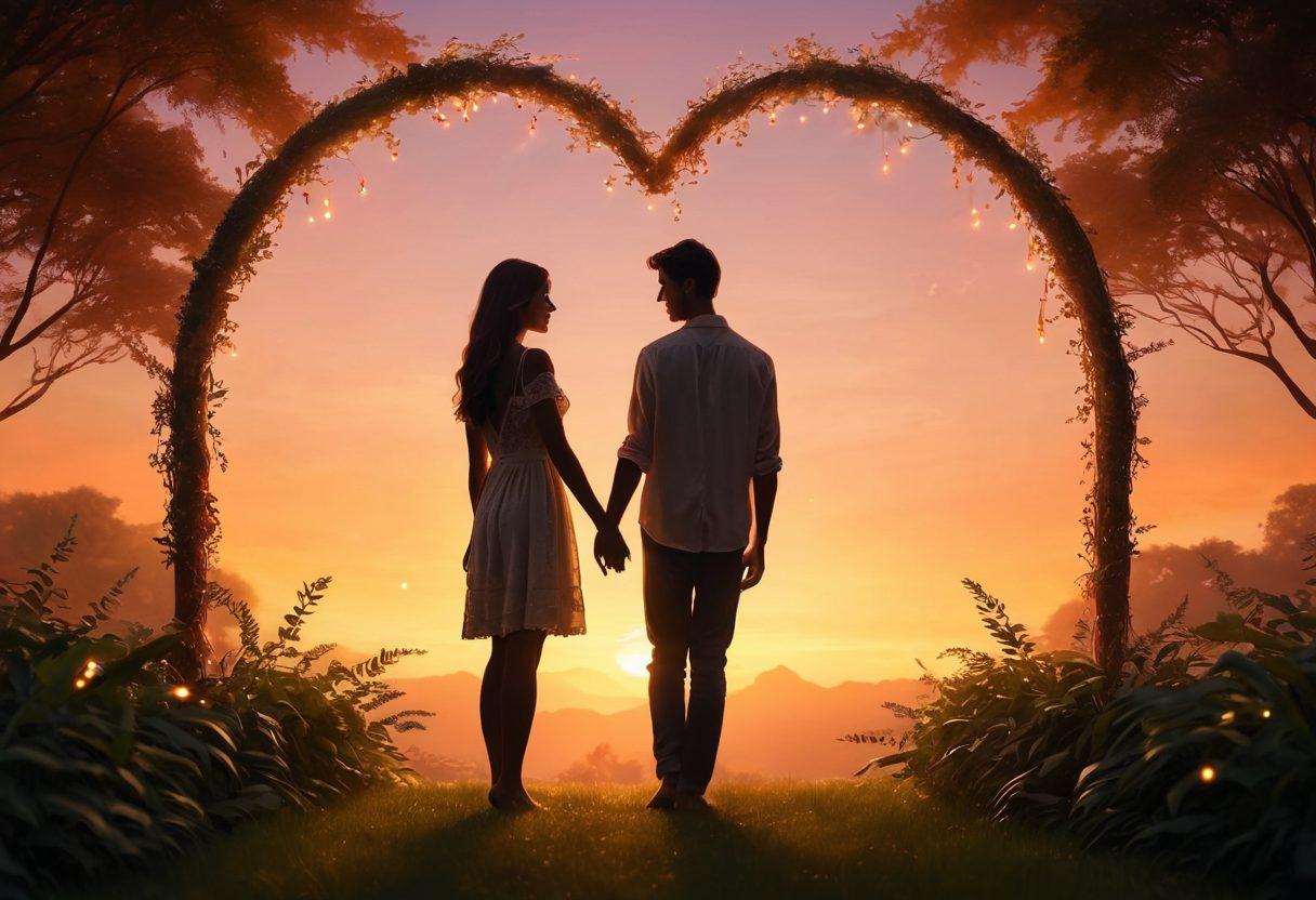 A serene setting featuring two silhouettes of a couple holding hands, surrounded by soft glowing lights and lush greenery, symbolizing intimacy and connection. The background should be a gentle sunset, blending warm colors to evoke love and warmth. Include delicate heart motifs subtly woven into the scene to emphasize romance. super-realistic. vibrant colors. soft focus.